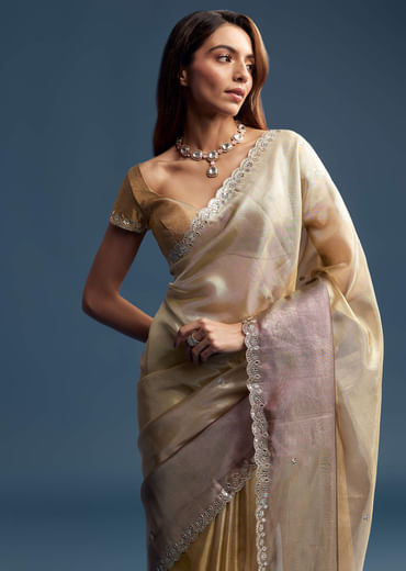 Gold Tissue Saree With Mirror Embroidery
