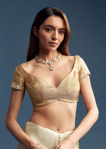 Gold Tissue Saree With Mirror Embroidery