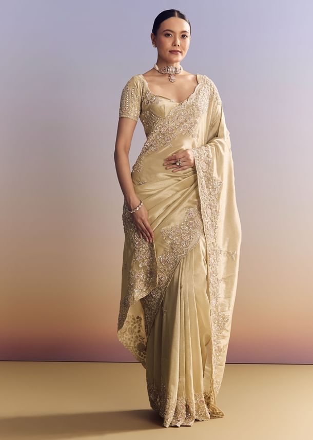 Gold Tissue Silk Saree With Scallop Border And Rich Embroidered Unstitched Blouse