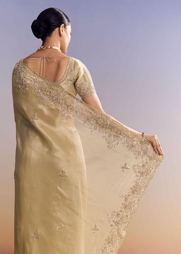 Gold Tissue Silk Saree With Scallop Border And Rich Embroidered Unstitched Blouse