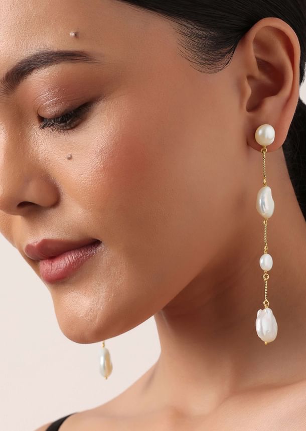 Gold And White Chain Danglers With Mother Of Pearls Gold And White Chain Danglers With Mother Of Pearls