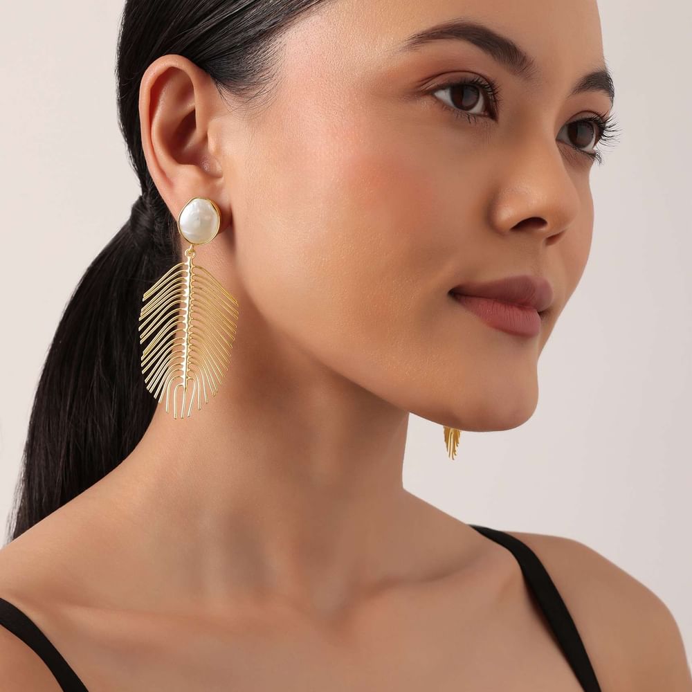 Gold And White Feather Pattern Danglers With Mother Of Pearls