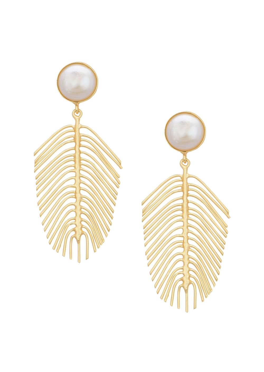 Gold And White Feather Pattern Danglers With Mother Of Pearls