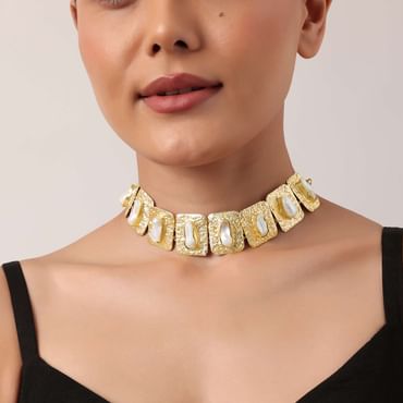 Gold And White Geometric Choker With Mother Of Pearls