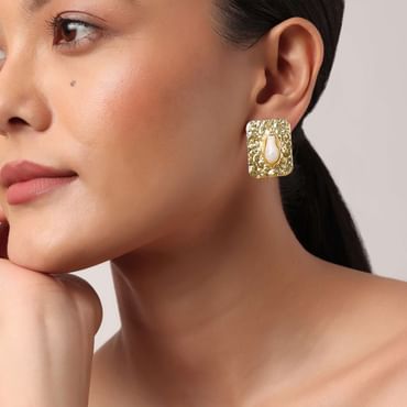 Gold And White Geometric Studs With Mother Of Pearls