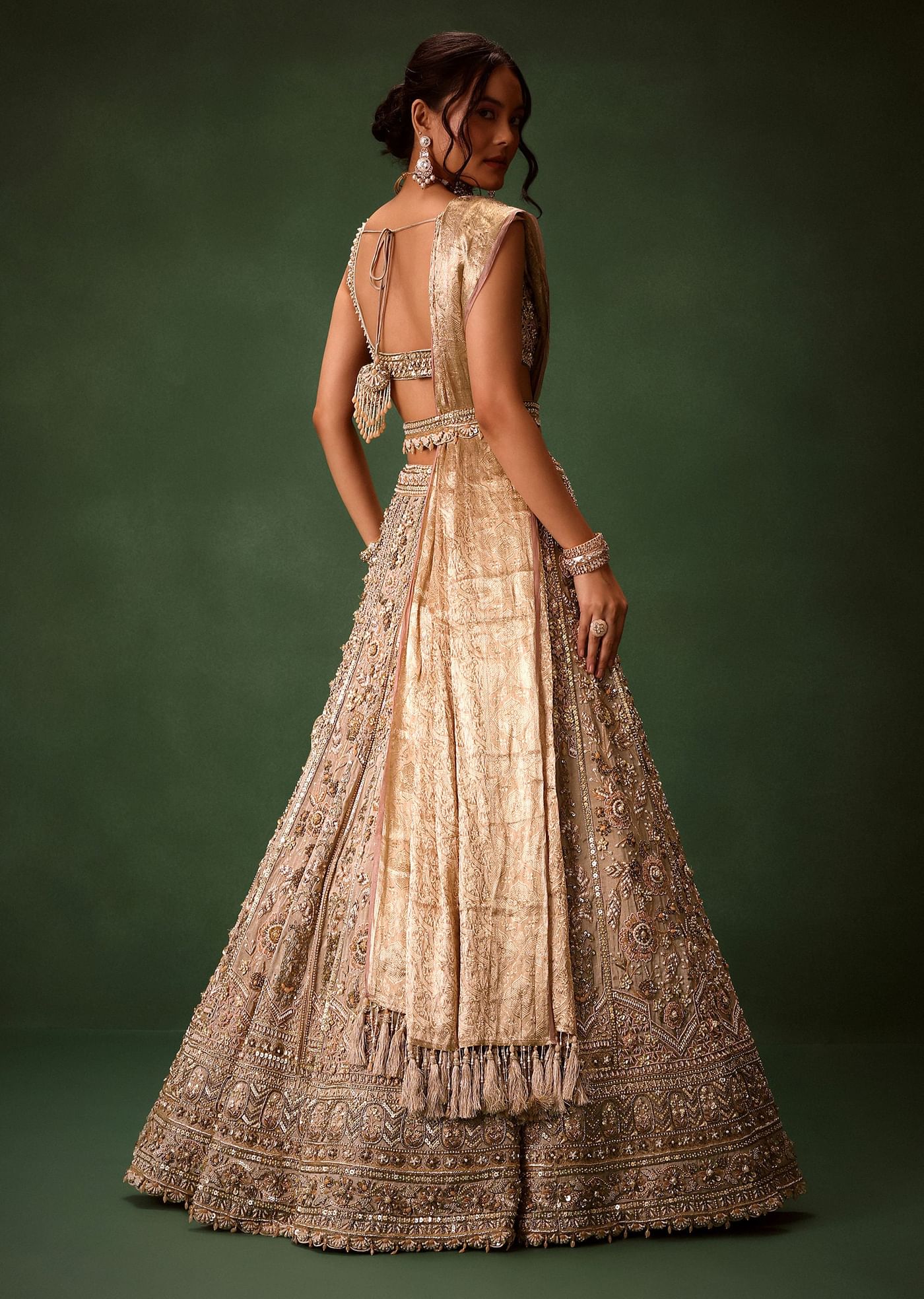 Gold Beige Chanderi Silk Lehenga Set With Embroidered Jacket And Dupatta