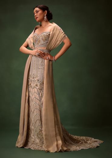 Gold Beige Fish-Cut Lehenga Set With Draped Dupatta And Waist Belt