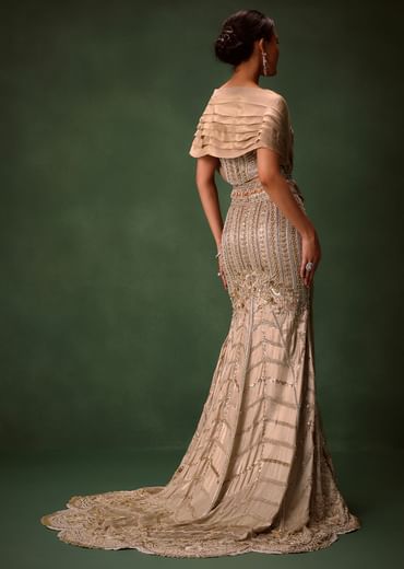 Gold Beige Fish-Cut Lehenga Set With Draped Dupatta And Waist Belt