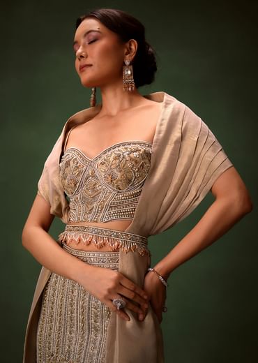 Gold Beige Fish-Cut Lehenga Set With Draped Dupatta And Waist Belt