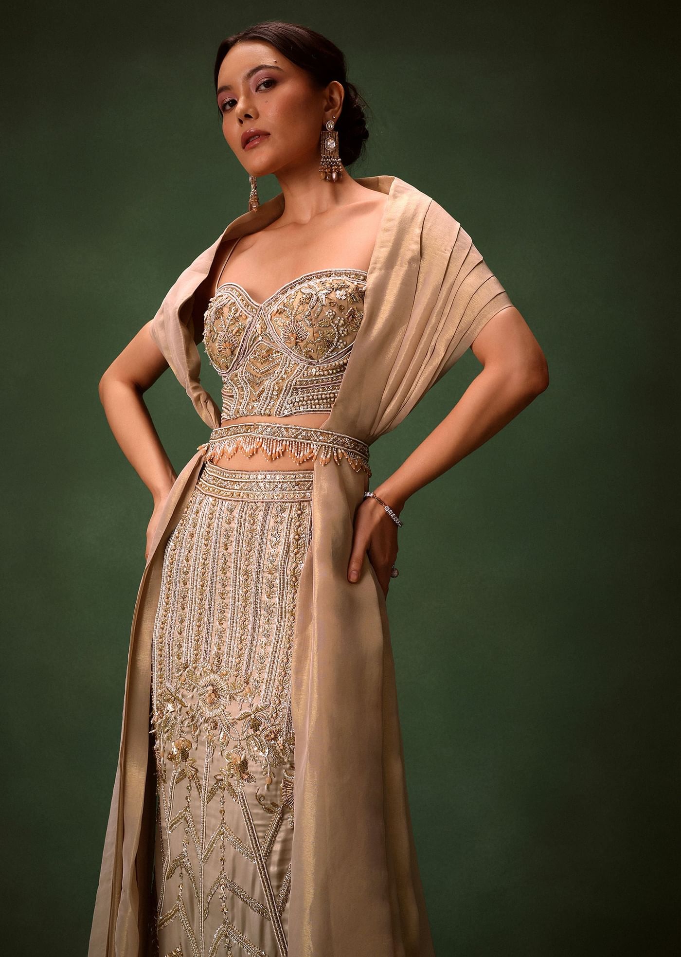 Gold Beige Fish-Cut Lehenga Set With Draped Dupatta And Waist Belt