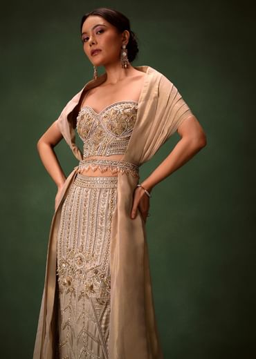 Gold Beige Fish-Cut Lehenga Set With Draped Dupatta And Waist Belt