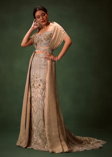 Gold Beige Fish-Cut Lehenga Set With Draped Dupatta And Waist Belt