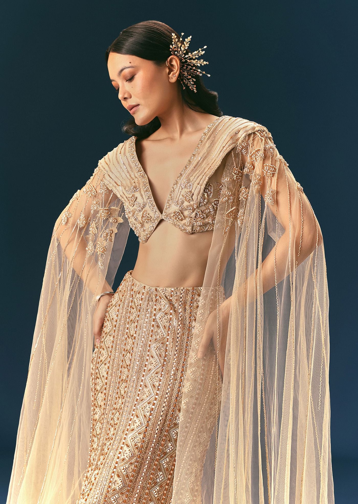 Gold Beige Mermaid Lehenga Set With Frills