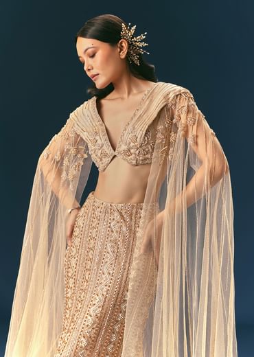 Gold Beige Mermaid Lehenga Set With Frills