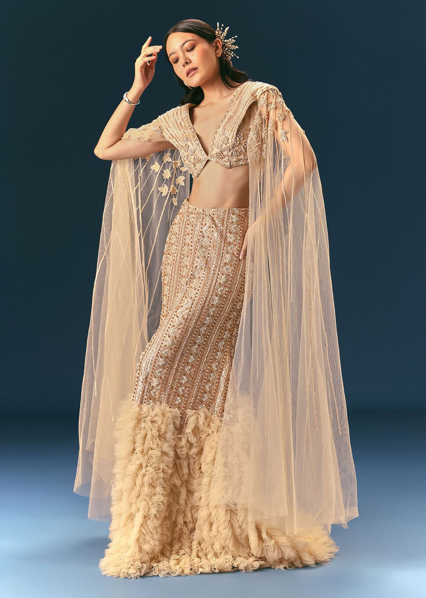 Gold Beige Mermaid Lehenga Set With Frills