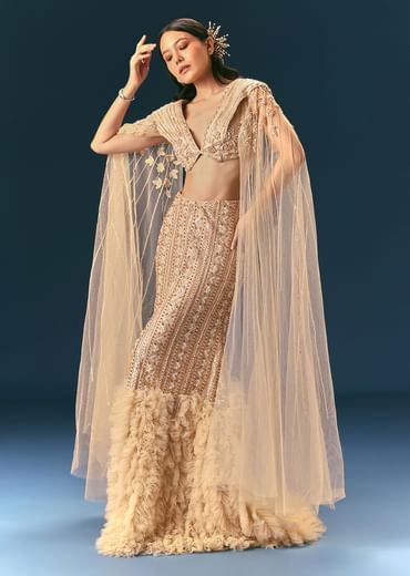 Gold Beige Mermaid Lehenga Set With Frills