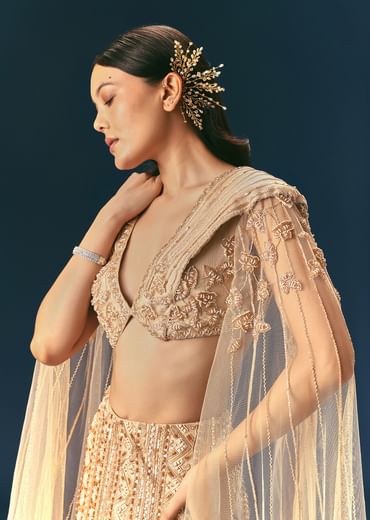 Gold Beige Mermaid Lehenga Set With Frills