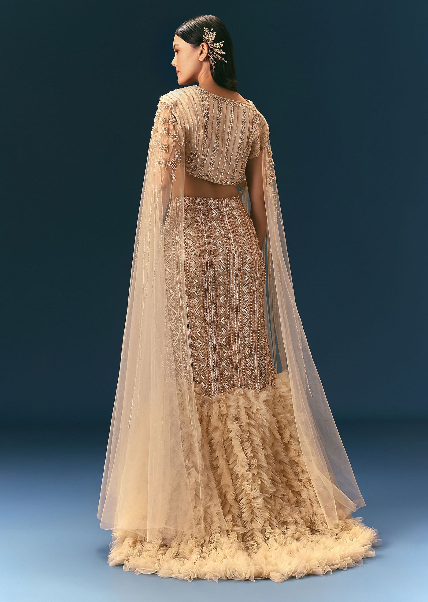Gold Beige Mermaid Lehenga Set With Frills