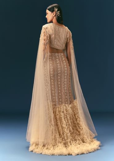 Gold Beige Mermaid Lehenga Set With Frills