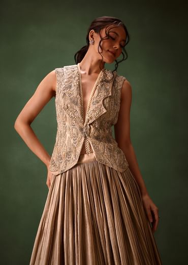 Gold Brocade Jacket And Rushing Skirt Suit