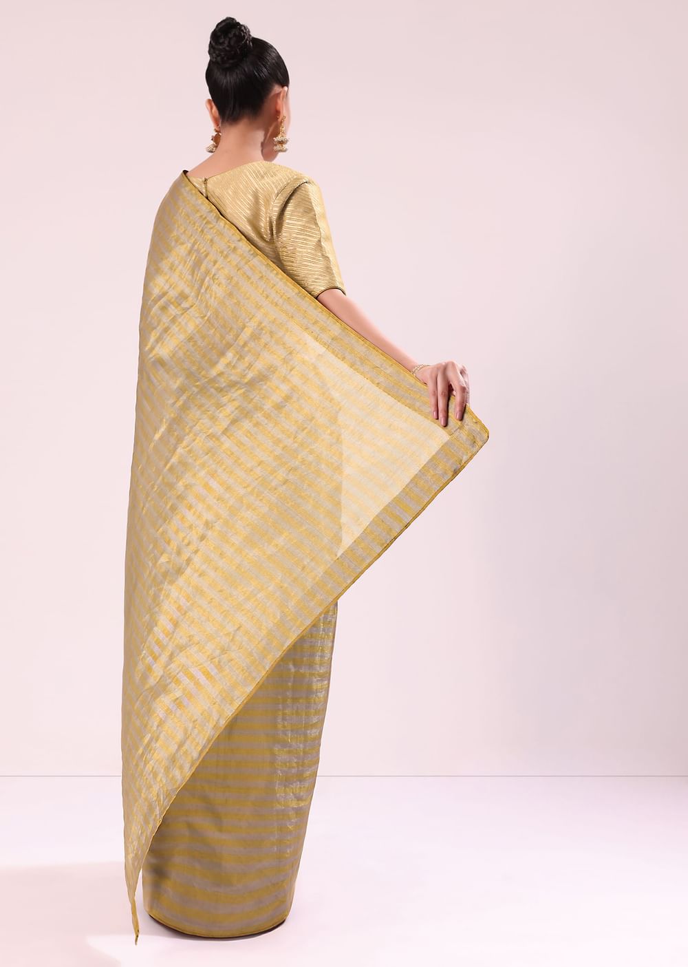 Gold Chanderi Tissue Saree With Pipe Finish Stitched Blouse