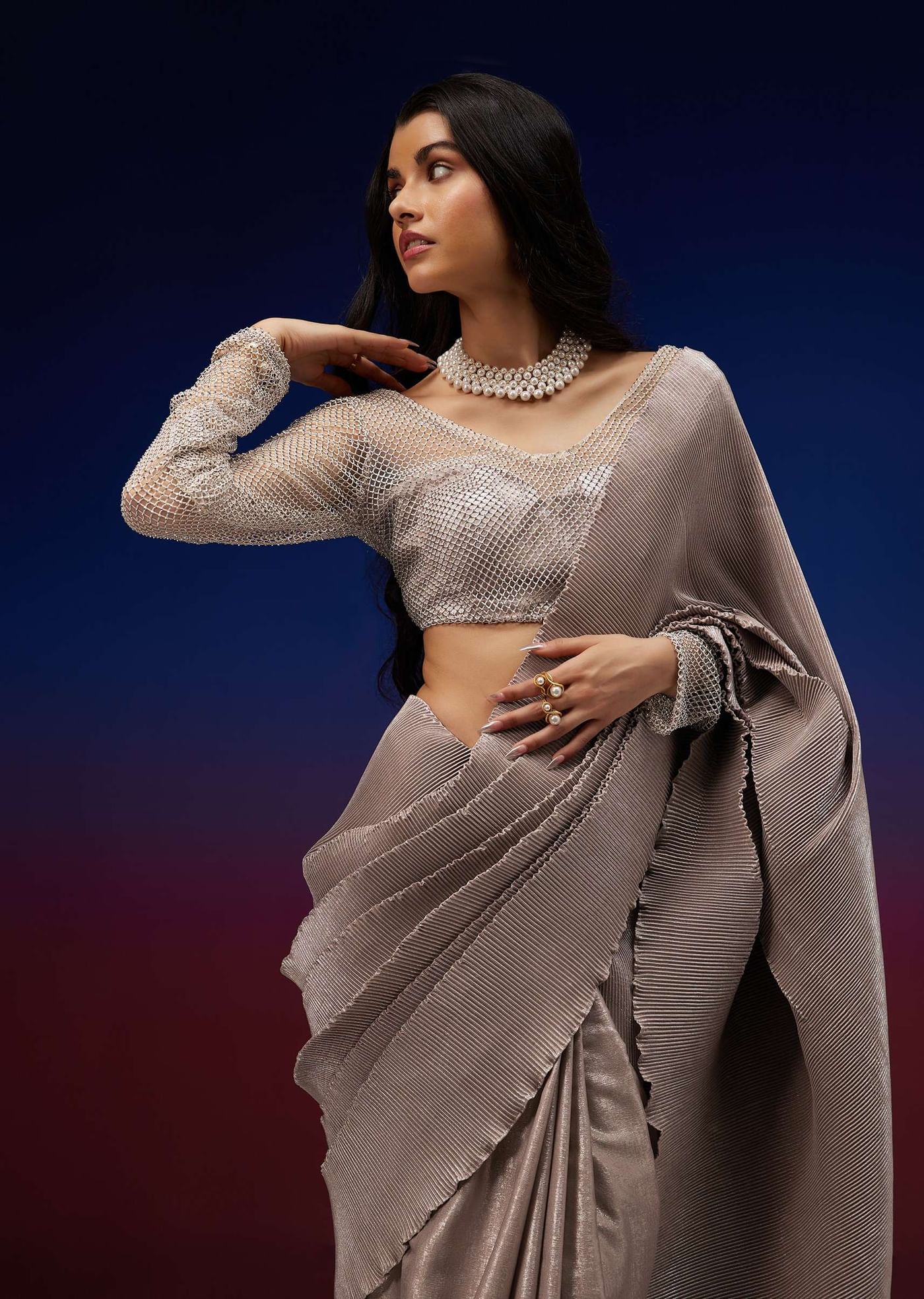 Gold Colored Open Saree With Silver Foil Fabric And Net Blouse
