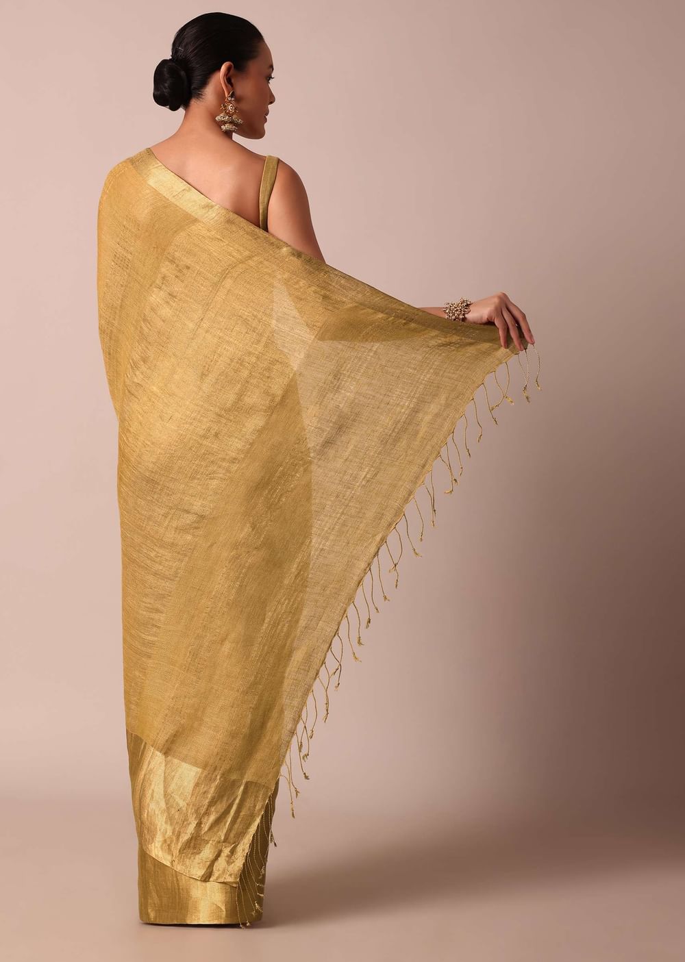 Gold Cotton Linen Saree With Zari Border And Unstitched Blouse Piece