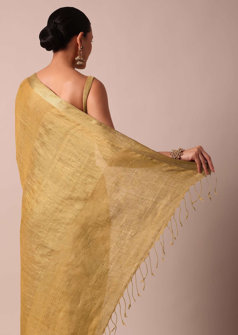 Gold Cotton Linen Saree With Zari Border And Unstitched Blouse Piece