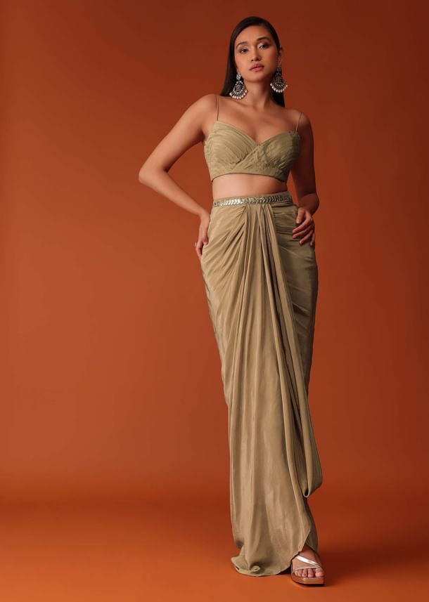 Gold Festive Dhoti Suit Set In Crepe With Foil Embroidery