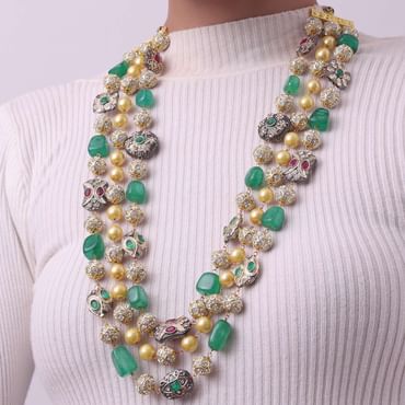 Gold Finish Beaded Mala In Mix Metal