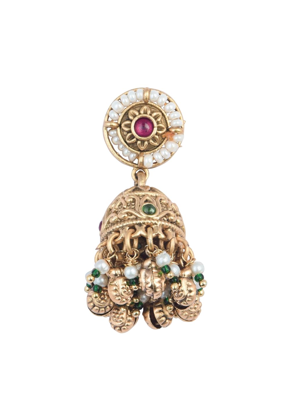Gold Finish Beaded Temple Necklace With Pearl Drop Jhumkas