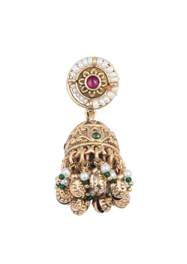 Gold Finish Beaded Temple Necklace With Pearl Drop Jhumkas