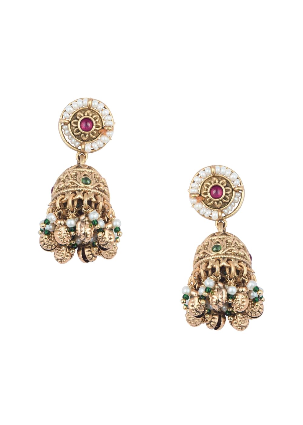 Gold Finish Beaded Temple Necklace With Pearl Drop Jhumkas