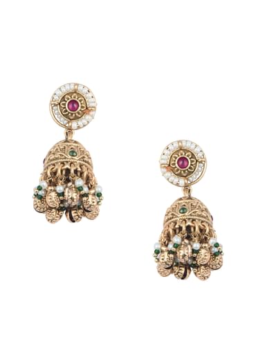 Gold Finish Beaded Temple Necklace With Pearl Drop Jhumkas