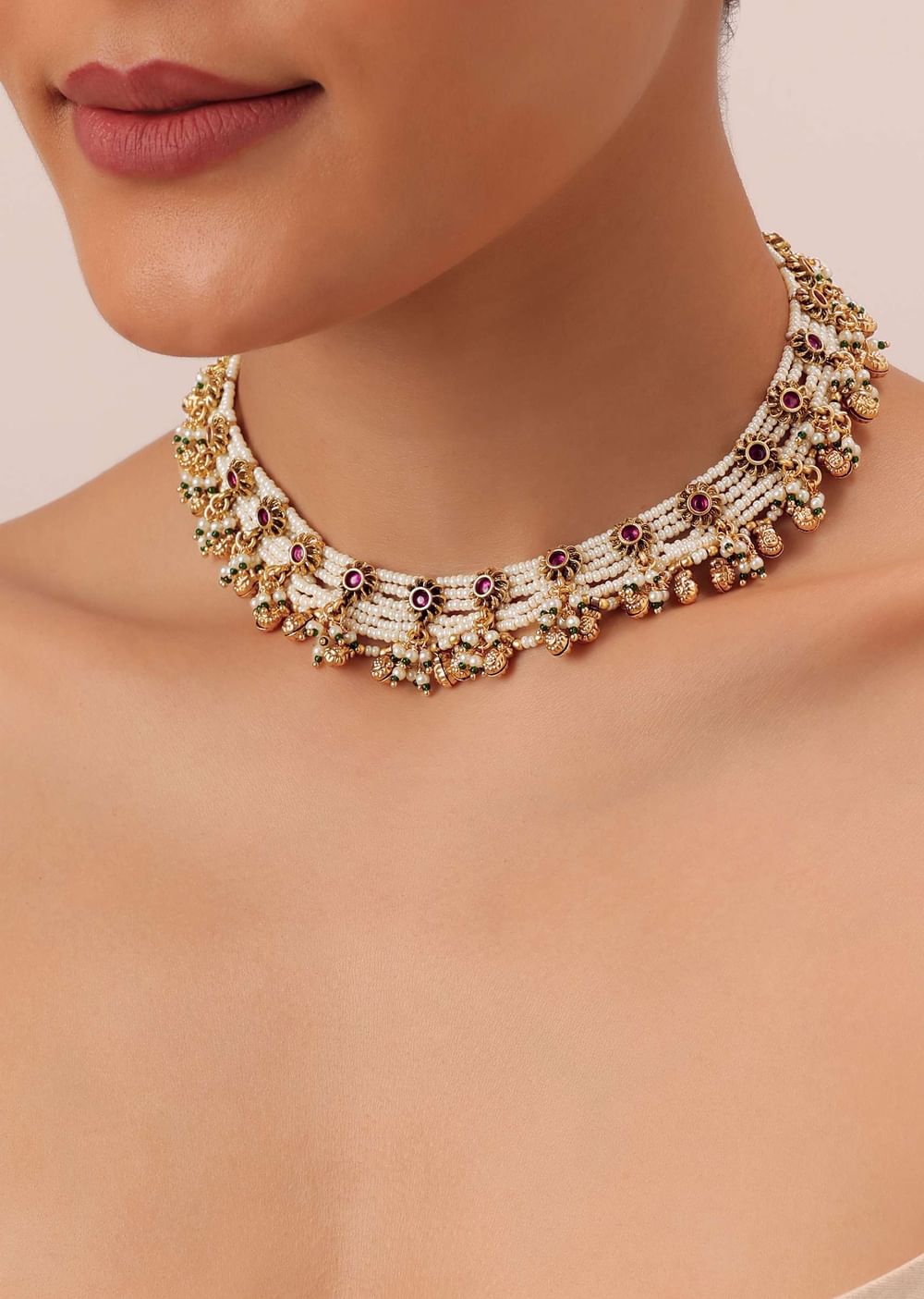 Gold Finish Beaded Temple Necklace With Pearl Drop Jhumkas