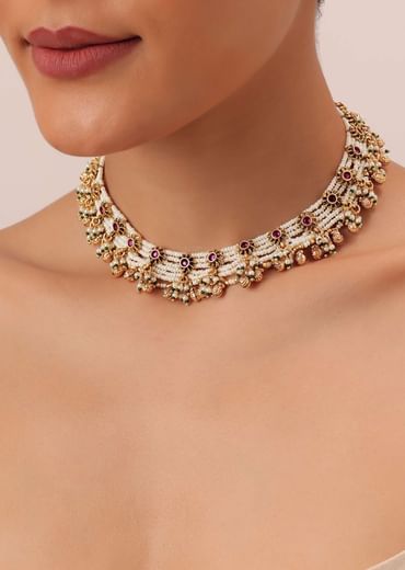 Gold Finish Beaded Temple Necklace With Pearl Drop Jhumkas