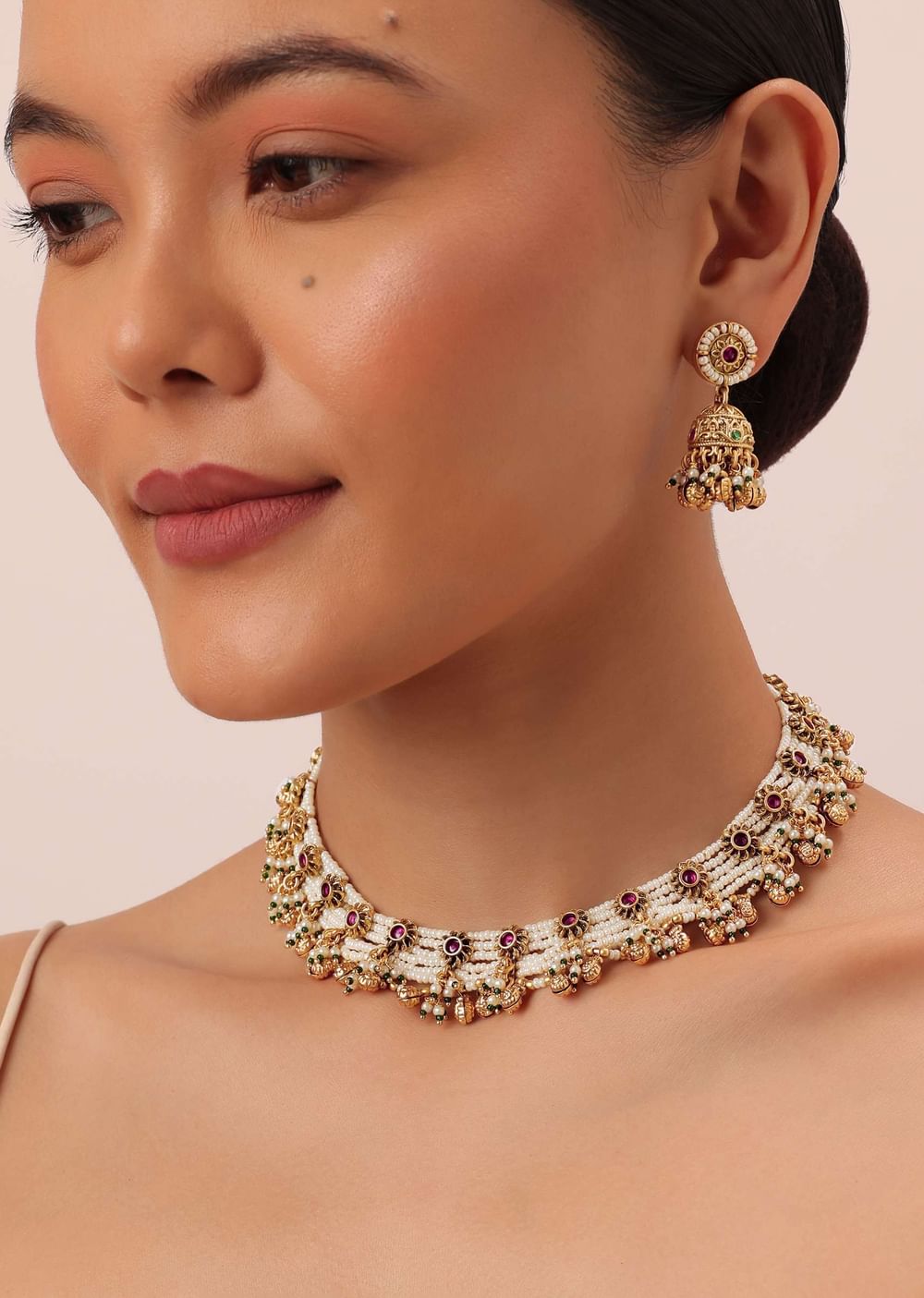 Gold Finish Beaded Temple Necklace With Pearl Drop Jhumkas