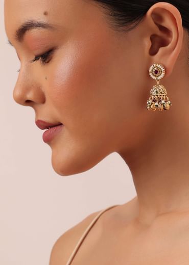Gold Finish Beaded Temple Necklace With Pearl Drop Jhumkas