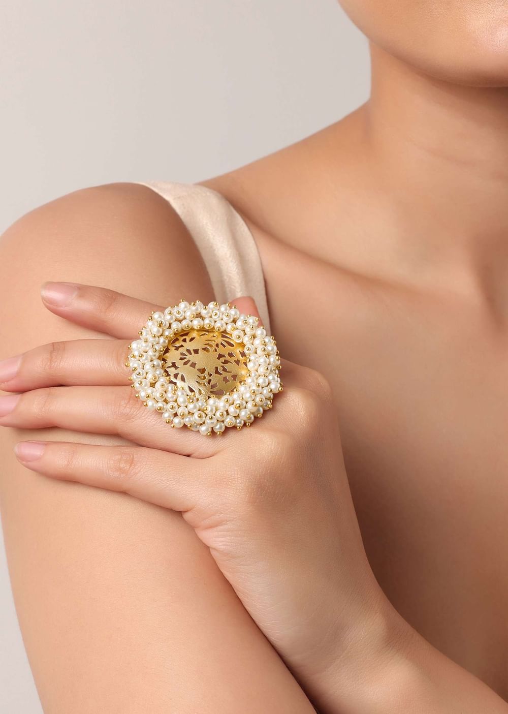 Gold Finish Carved Oversized Ring With Pearls