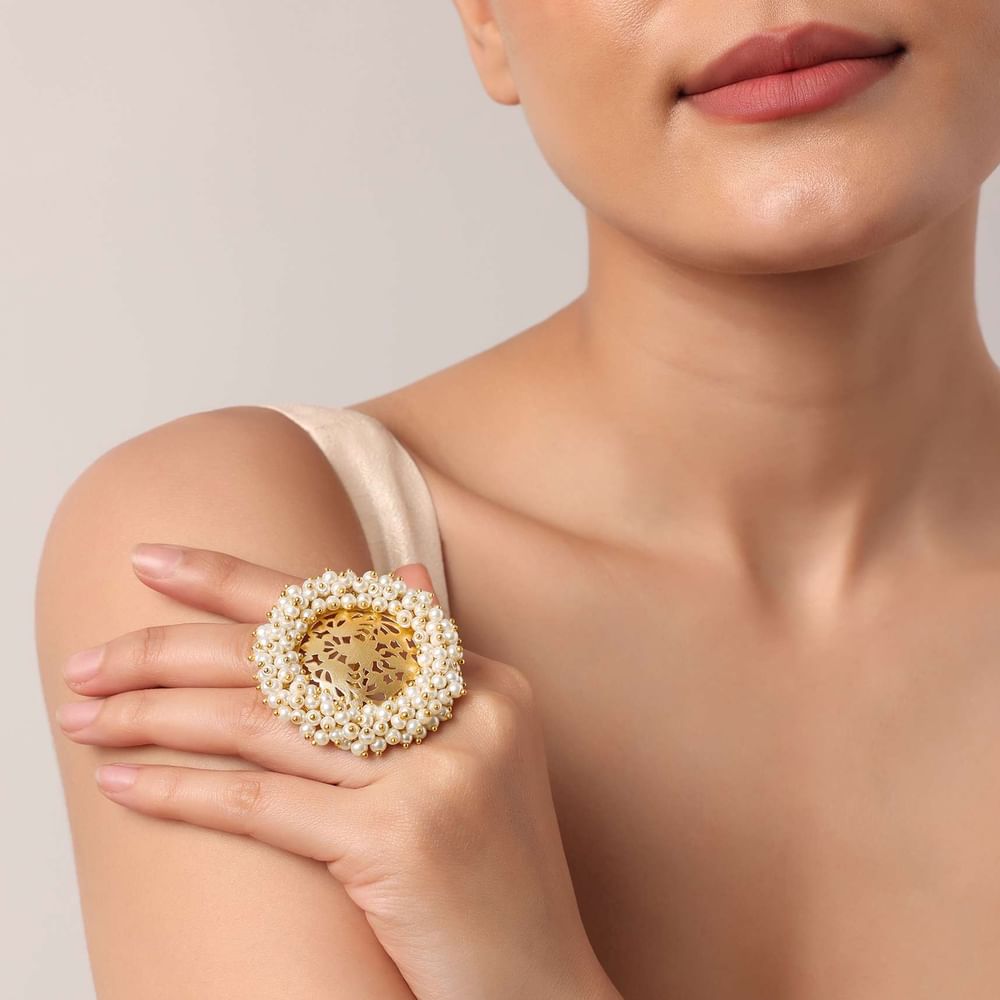 Gold Finish Carved Oversized Ring With Pearls