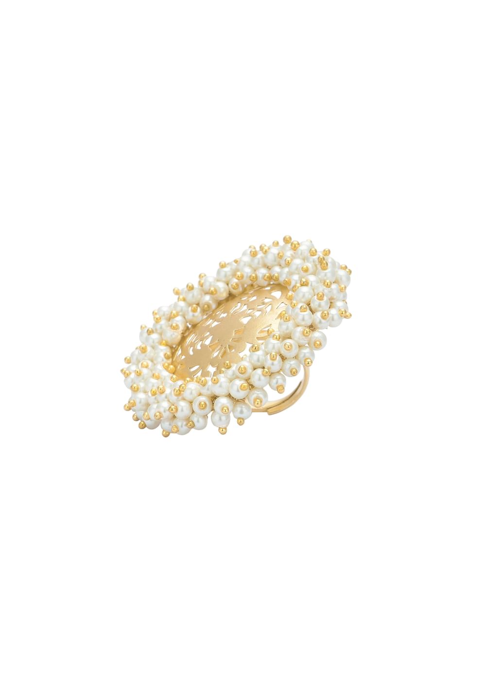 Gold Finish Carved Oversized Ring With Pearls