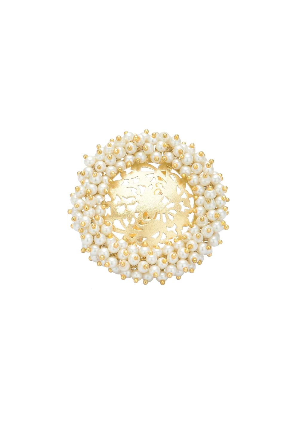 Gold Finish Carved Oversized Ring With Pearls