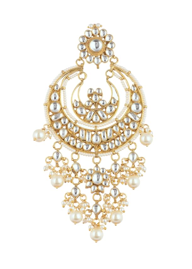 Gold Finish Chandbalis With White Kundan Work