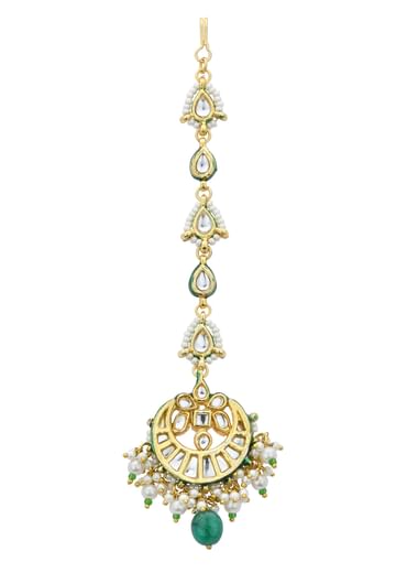 Gold Finish Crescent Mangtikka With Pearl And Green Drops