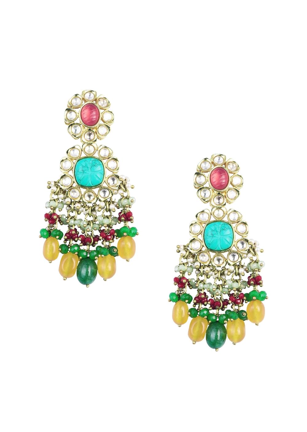 Gold Finish Floral Kundan Choker Set With Carved Stones And Beads