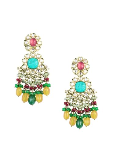 Gold Finish Floral Kundan Choker Set With Carved Stones And Beads