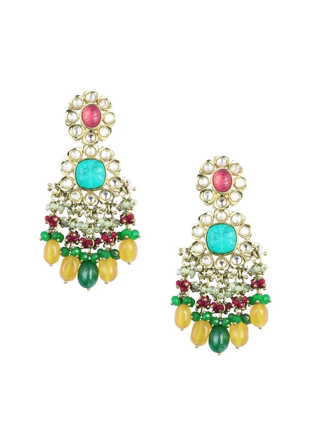 Gold Finish Floral Kundan Choker Set With Carved Stones And Beads Gold Finish Floral Kundan Choker Set With Carved Stones And Beads