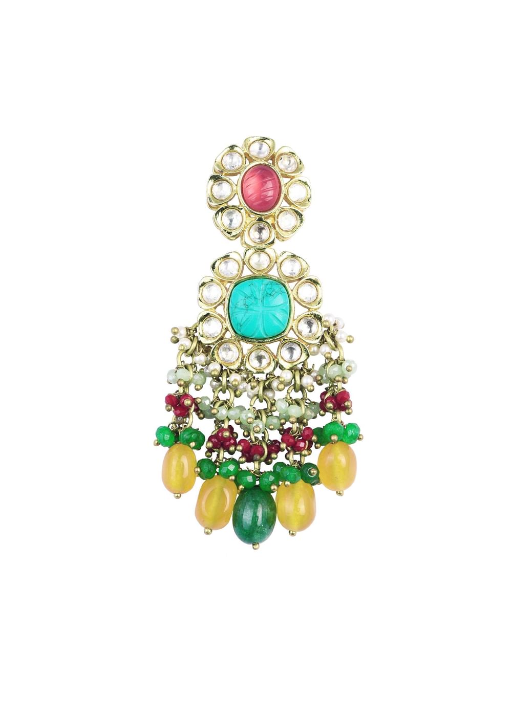Gold Finish Floral Kundan Choker Set With Carved Stones And Beads