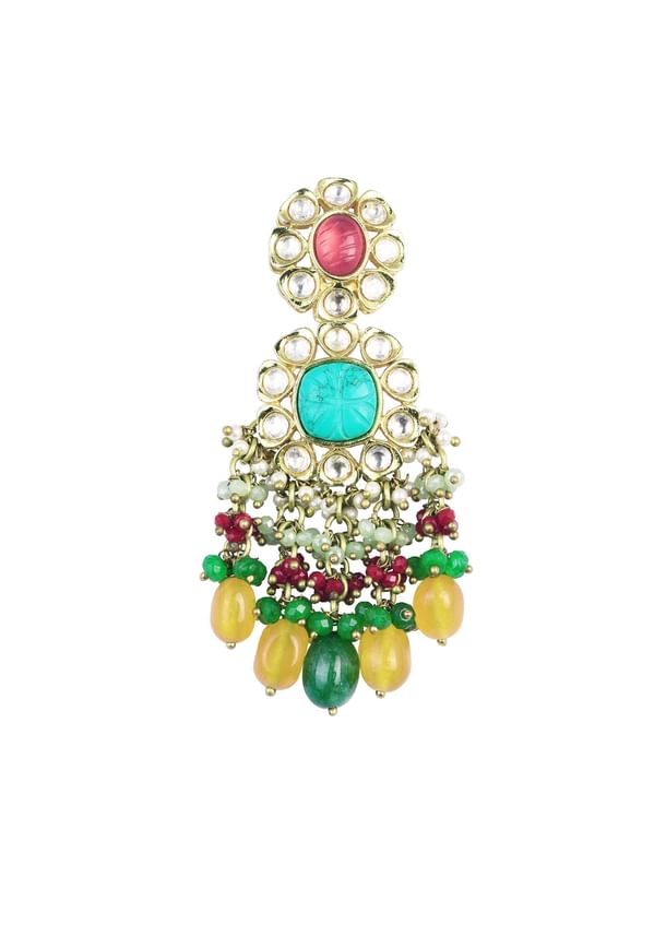 Gold Finish Floral Kundan Choker Set With Carved Stones And Beads Gold Finish Floral Kundan Choker Set With Carved Stones And Beads