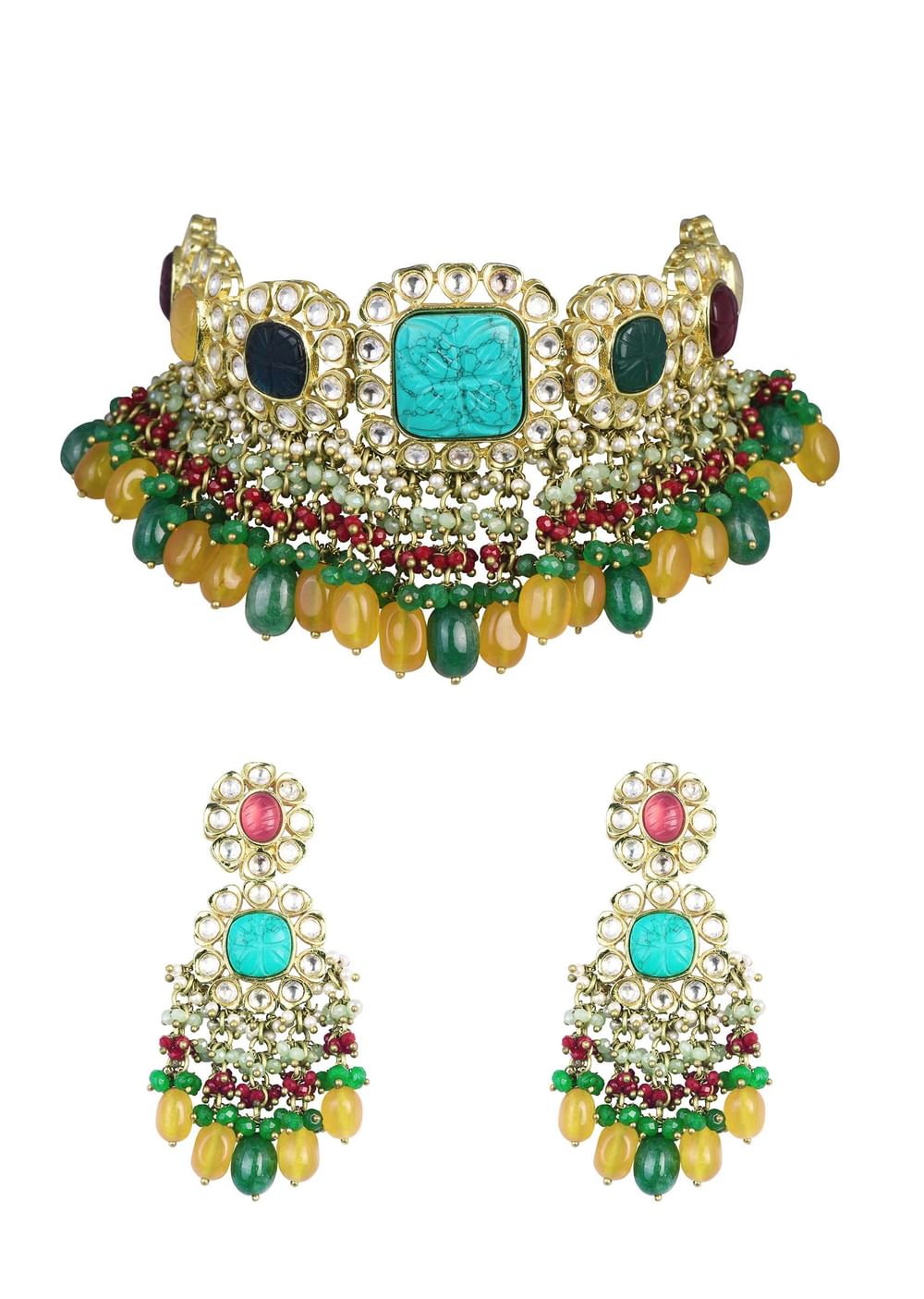 Gold Finish Floral Kundan Choker Set With Carved Stones And Beads